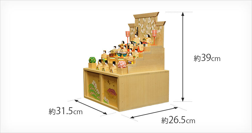 屏風の上から桐箱の底まで約39cm／横巾約31.5cm／奥行き約26.5cm
