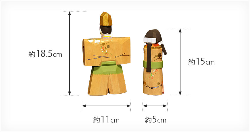 男雛の烏帽子から底まで約18.5cm横巾約11cm　女雛の頭から底まで約15.0cm横巾約5cm