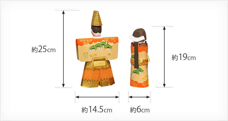 男雛の烏帽子から底まで約25.0cm 横巾14.5cm　女雛の頭から底まで約19.0cm 横巾6cm